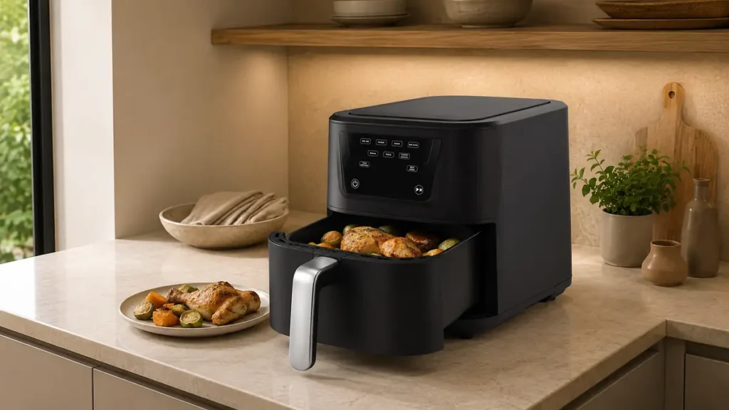 Cuisinart CompactMax 8-Qt Air Fryer Review: AIR-210 2 A sleek air fryer on a kitchen countertop with cooked food.