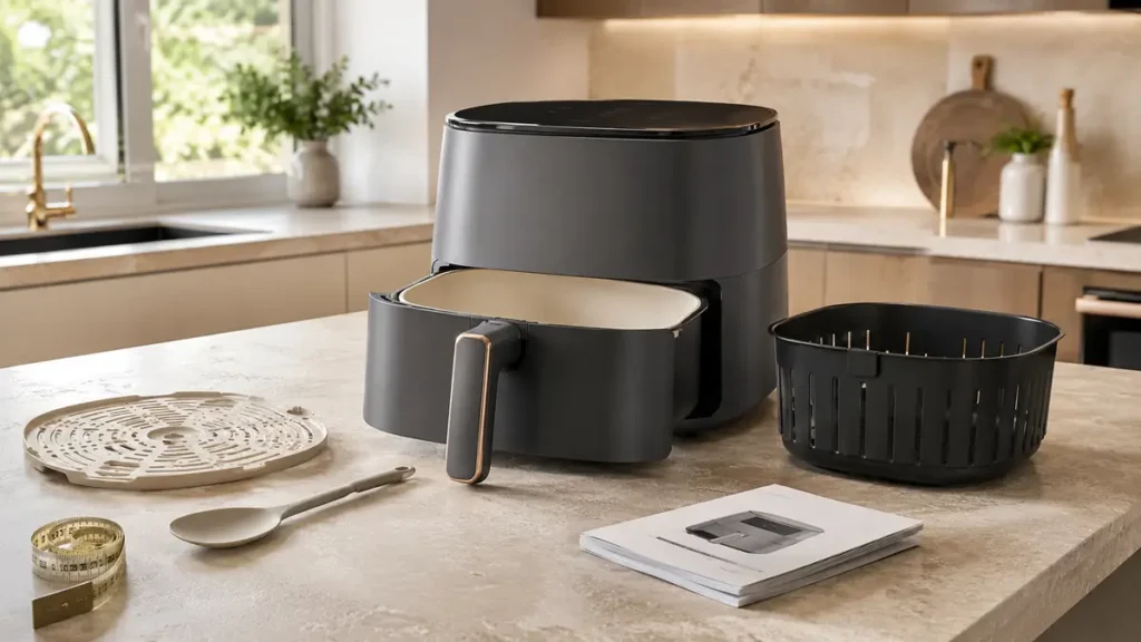 Ceramic Air Fryer Guide: Materials, Coatings & Buying Tips 4 A sleek air fryer on a kitchen countertop with accessories