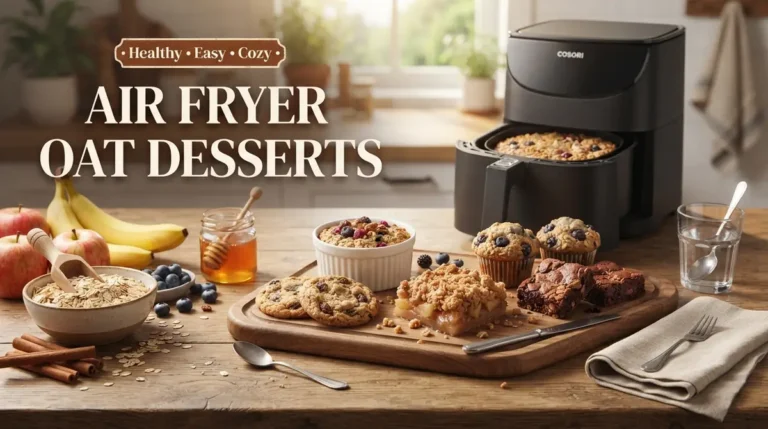 Assorted oat cookies, muffins, brownies, and crumble dessert with an air fryer on a wooden table