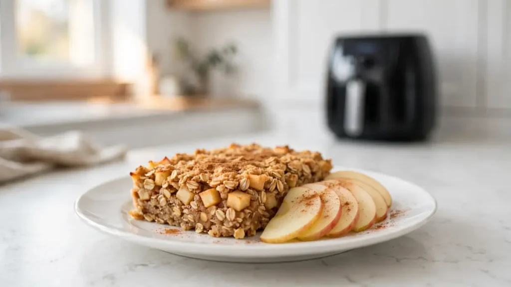 A slice of oatmeal bar with chopped apples next to thinly sliced apples sprinkled with cinnamon on a white plate