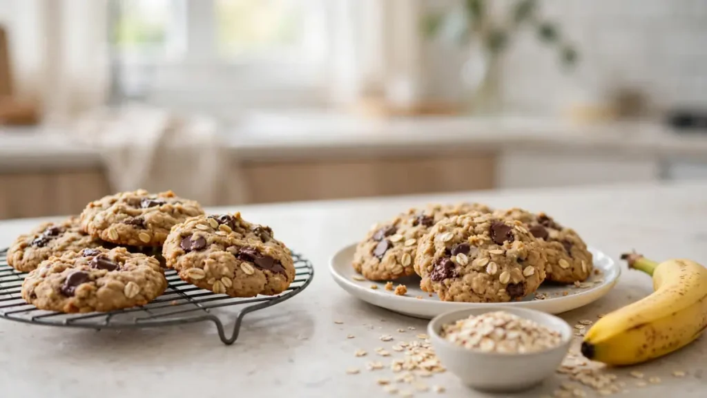 Oatmeal cookies with chocolate chips on cooling rack and plate with banana and oats bowl