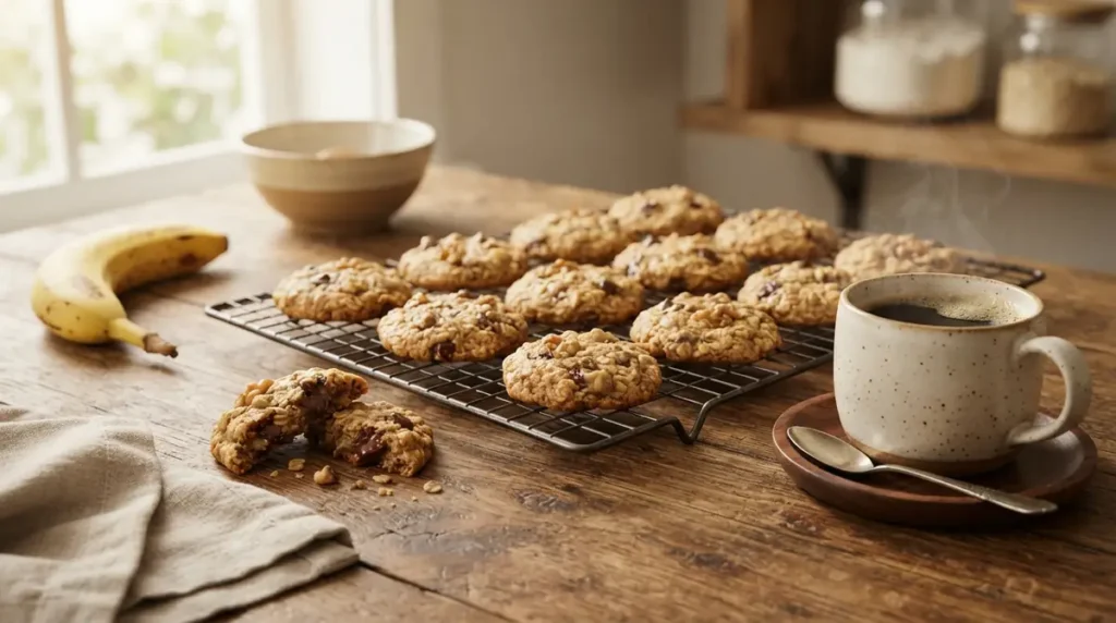 Oatmeal cookies cooling on rack next to a cup of hot coffee and a ripe banana on a wooden table