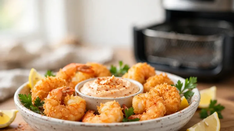 Plate of crispy panko breaded shrimp with a bowl of dipping sauce and lemon wedges