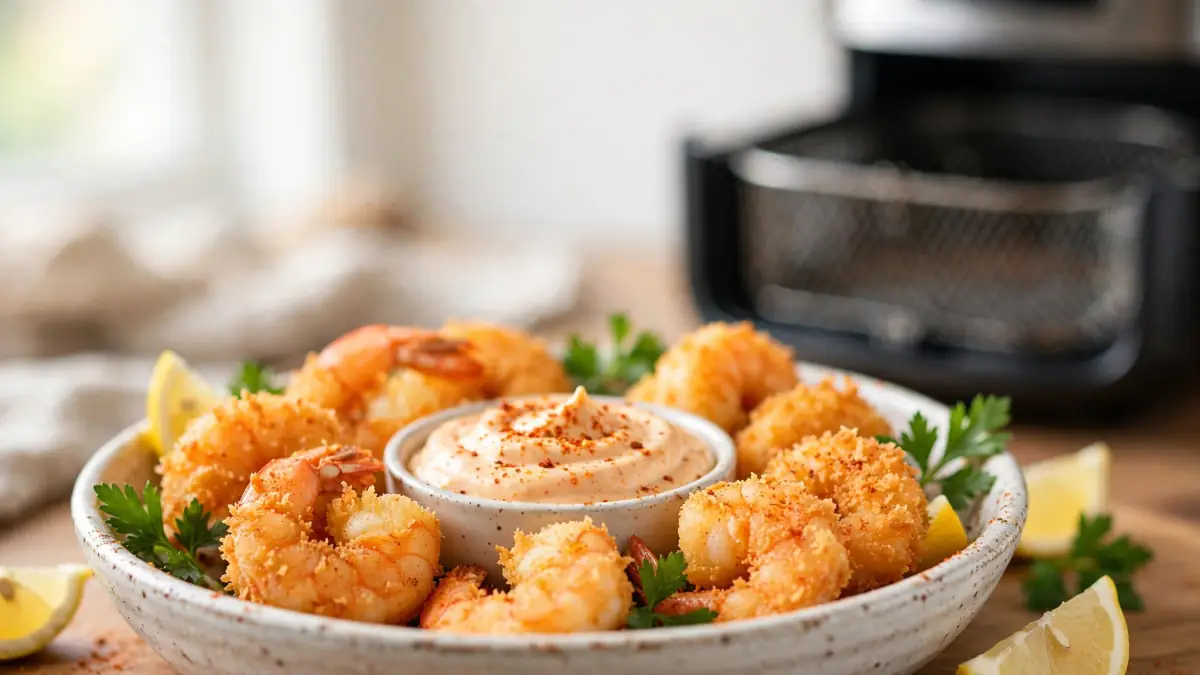 Plate of crispy panko breaded shrimp with a bowl of dipping sauce and lemon wedges