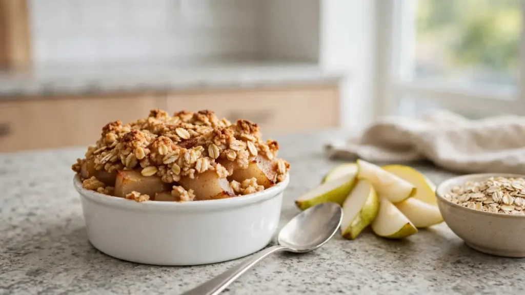 Baked pear oat crisp in white ramekin with sliced pears and oats on kitchen countertop