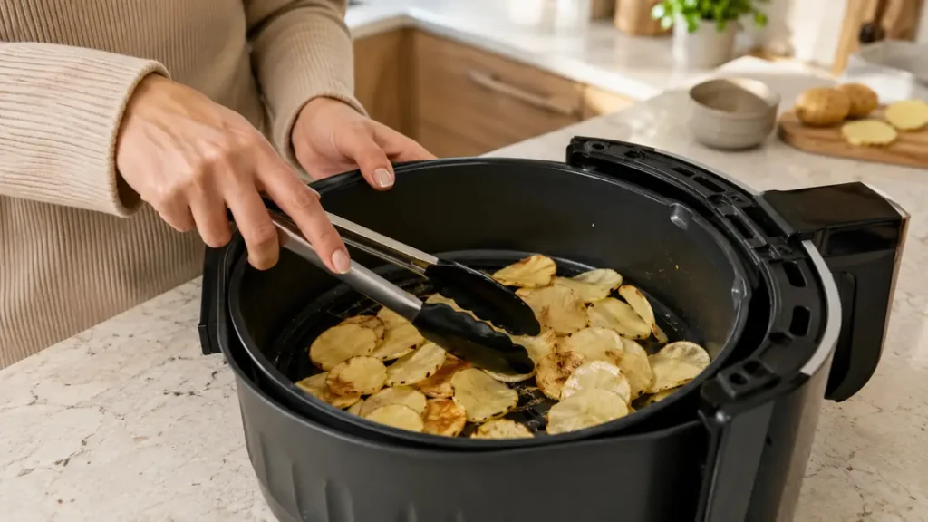 Hands holding tongs cooking potato chips in a black air fryer on a kitchen counter
