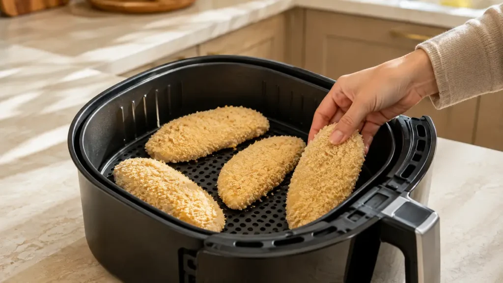 Hand putting breaded food pieces into an air fryer basket on kitchen countertop