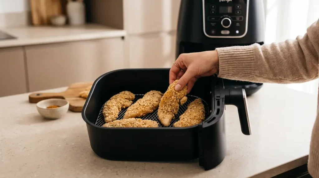 Air Fryer Chicken Tenders Recipe (Crispy, Juicy & Easy) 4 Hand putting breaded chicken tenders into an air fryer basket in a kitchen