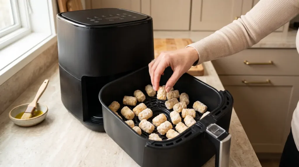 Person placing frozen tater tots evenly in air fryer basket on kitchen counter