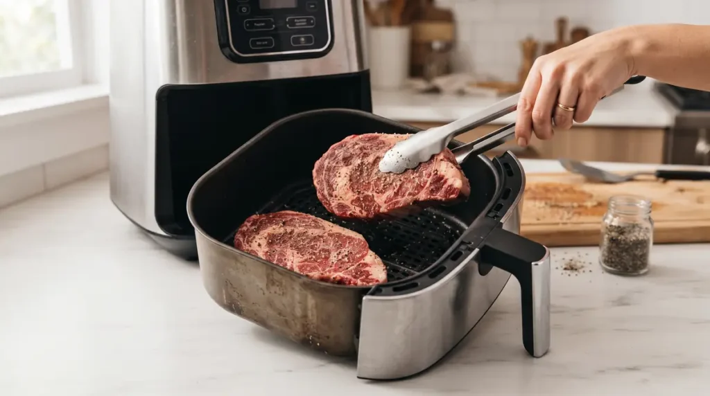 Hand using tongs to place two seasoned raw steaks into an air fryer basket
