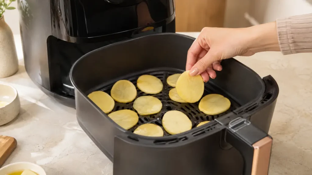 Hand placing thin potato slices in black air fryer basket on kitchen counter