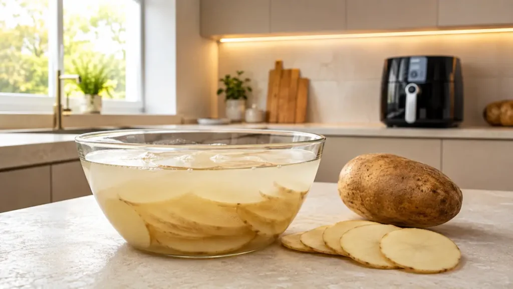 Clear glass bowl filled with water and potato slices with whole potato and more slices on the counter