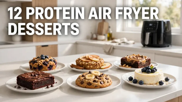 Five protein air fryer desserts including brownies, cookies, and cakes displayed on white plates on a kitchen counter