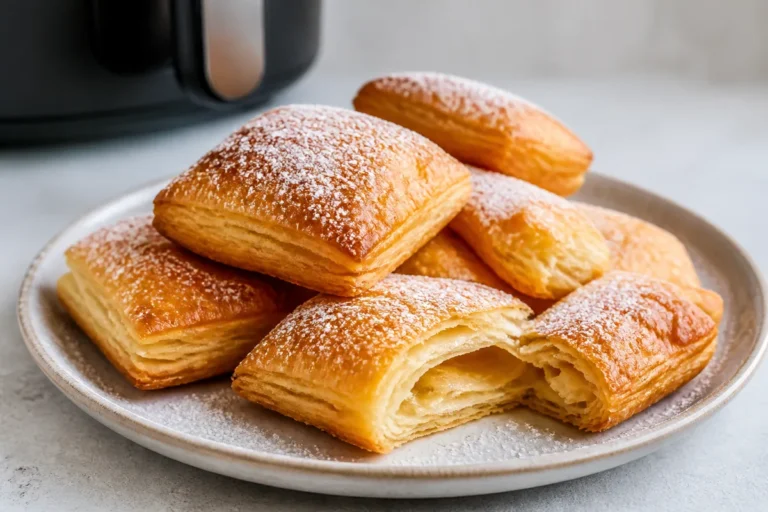 Flaky puff pastry air fryer beignets dusted with powdered sugar
