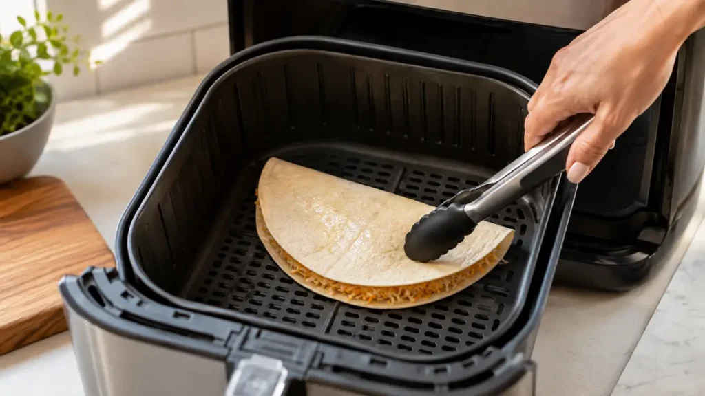 Hand using metal tongs to place a quesadilla inside an air fryer basket