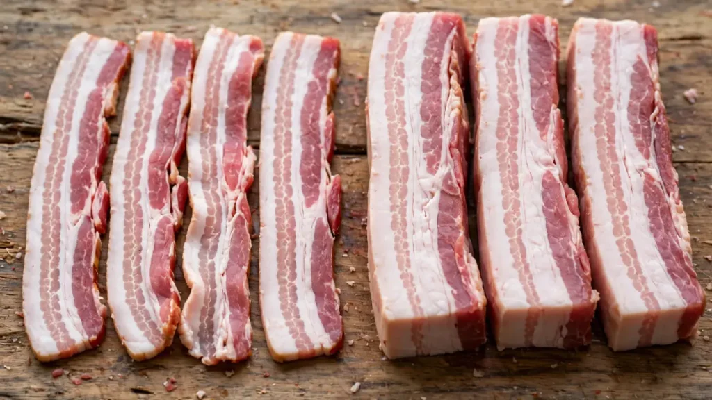 Four slices of raw sliced bacon and three thick-cut raw bacon strips on a wooden surface