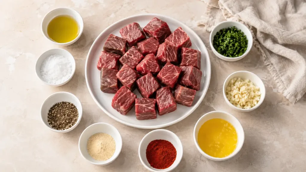Cubes of raw beef surrounded by various spices and oils