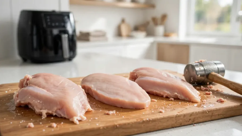 Three raw chicken breasts on a wooden cutting board with a meat tenderizer in a bright kitchen