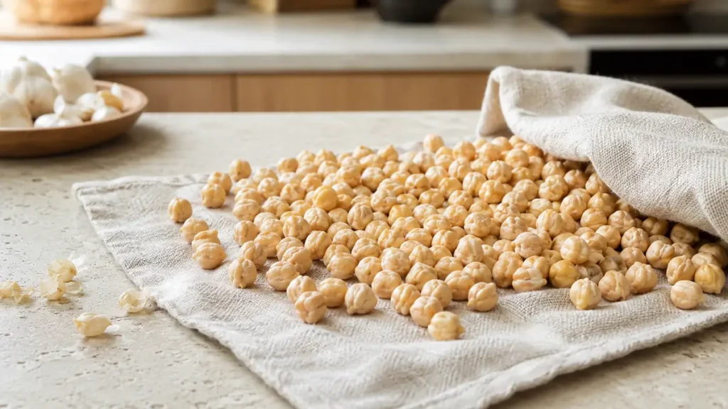 Raw chickpeas spread out on a towel in a kitchen setting.