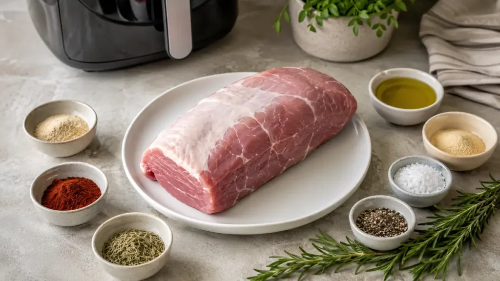 Raw pork loin on white plate surrounded by small bowls of spices, olive oil, salt, pepper, and rosemary