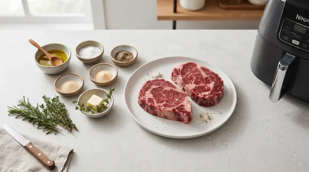 Two raw ribeye steaks on a plate with bowls of seasoning, herbs, and an air fryer