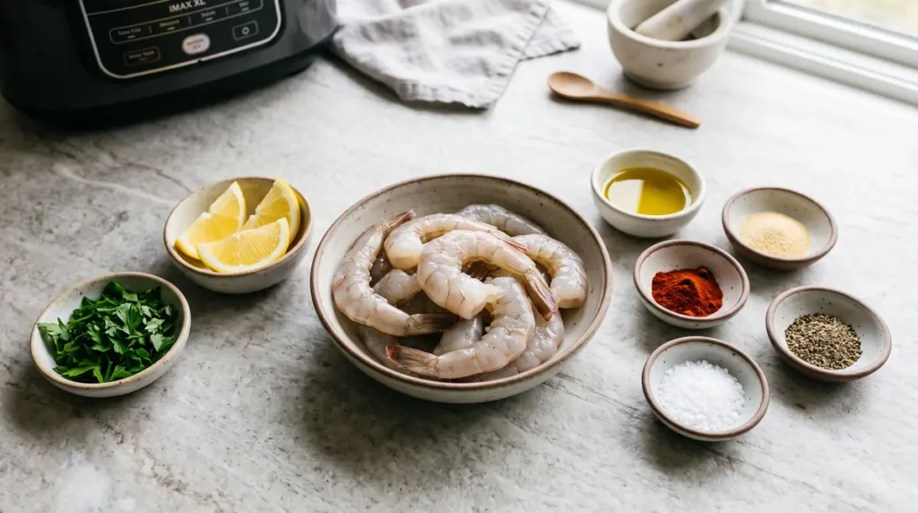 Raw shrimp in bowl with lemon wedges, parsley, olive oil, spices, and mortar and pestle on counter