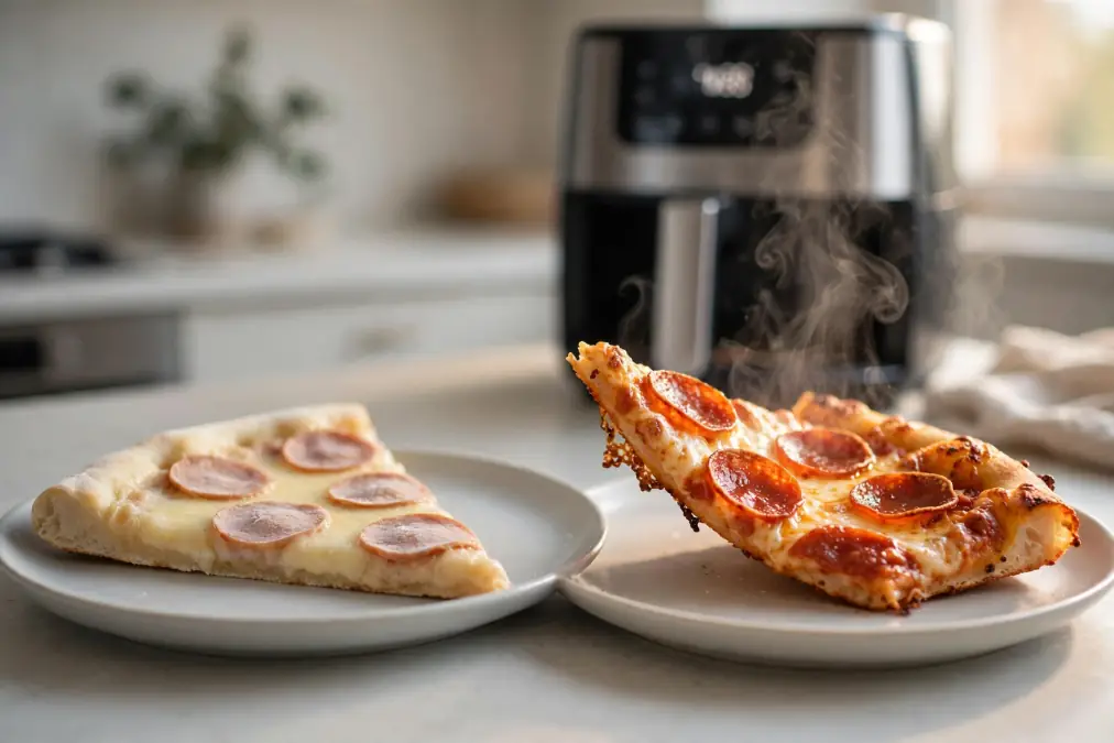 Reheat Pizza in Air Fryer (Crispy Crust, No Soggy Slices) 3 Two slices of pepperoni pizza on plates with one slice hot and steaming after air fryer reheating