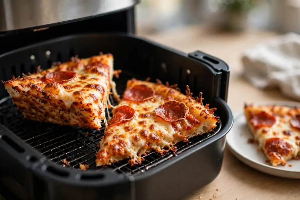 Reheat Pizza in Air Fryer (Crispy Crust, No Soggy Slices) 4 Two slices of pepperoni pizza reheating in an air fryer with melted cheese and crispy edges