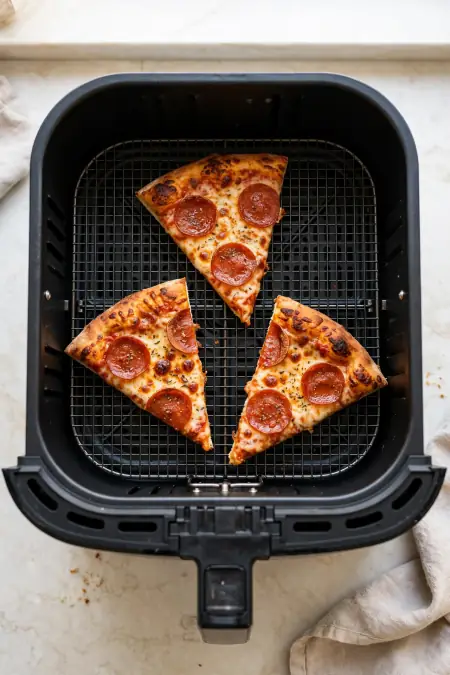 Reheat Pizza in Air Fryer (Crispy Crust, No Soggy Slices) 2 Three slices of pepperoni pizza reheating in an air fryer basket