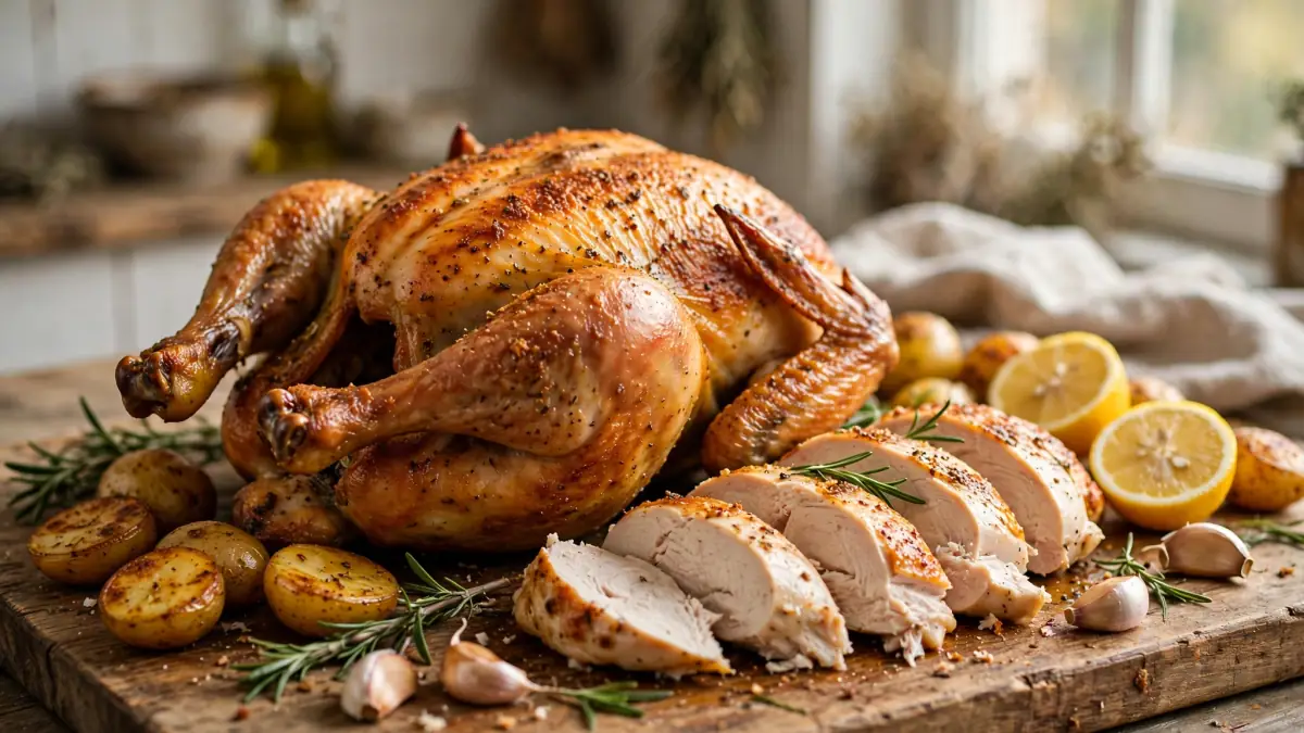 Air Fryer Rotisserie Chicken (Juicy with Crispy Skin) 4 Whole roasted chicken next to sliced chicken breast with roasted potatoes, garlic, and lemon halves