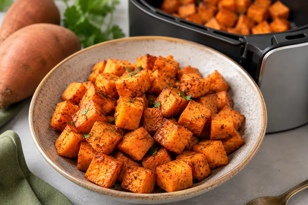 Roasted seasoned air fryer sweet potato cubes with browned edges