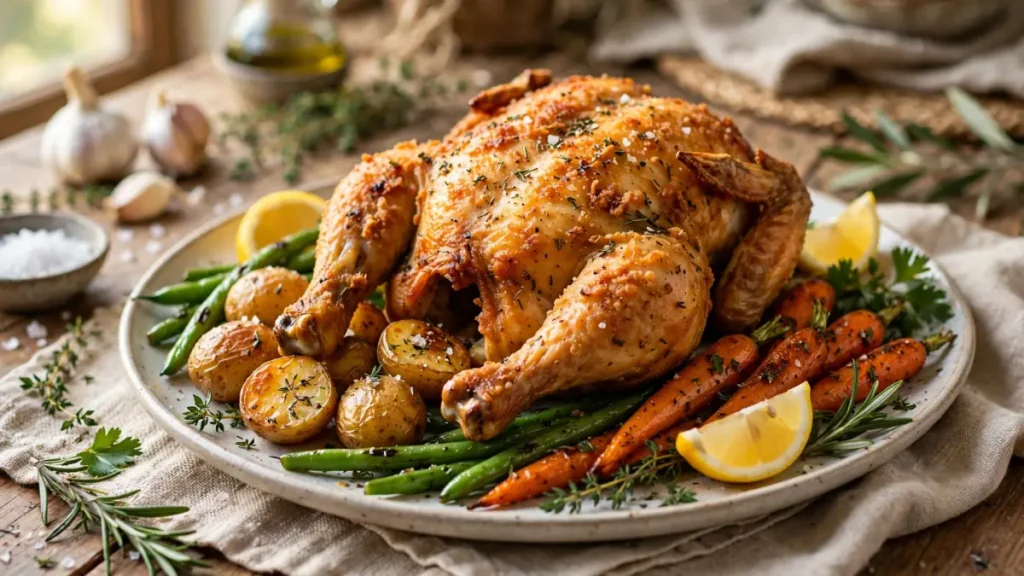 Air Fryer Rotisserie Chicken (Juicy with Crispy Skin) 7 Whole air fryer chicken served with green beans, potatoes, carrots, and lemon