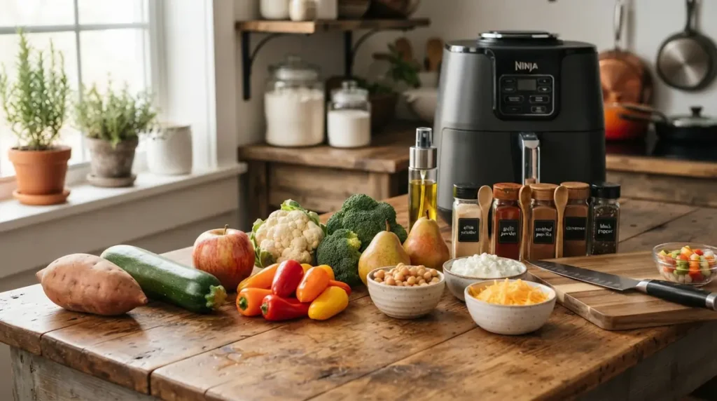 Fresh vegetables, spices, and an air fryer on a wooden kitchen countertop