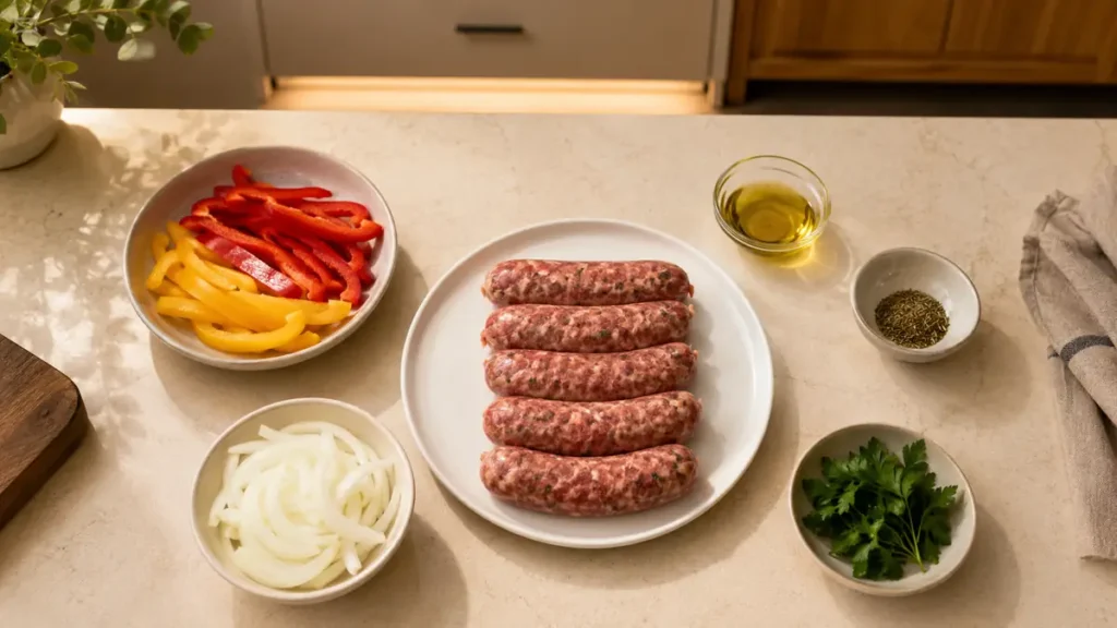 Fresh sausages with sliced vegetables on a kitchen counter