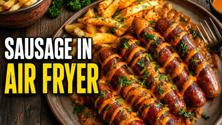 Cooked sausages topped with sauce and herbs served with fries on a plate