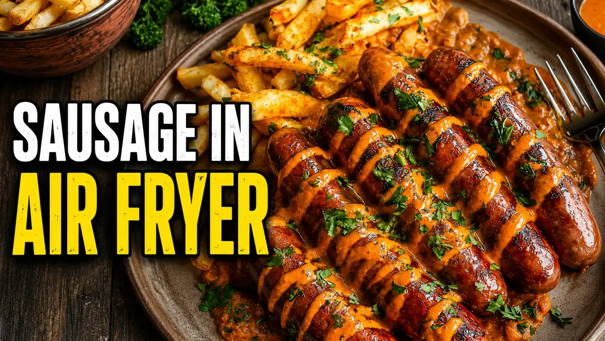 Cooked sausages topped with sauce and herbs served with fries on a plate