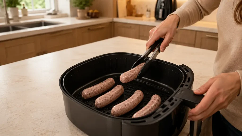 Person placing raw sausages in a black air fryer basket with tongs on kitchen counter