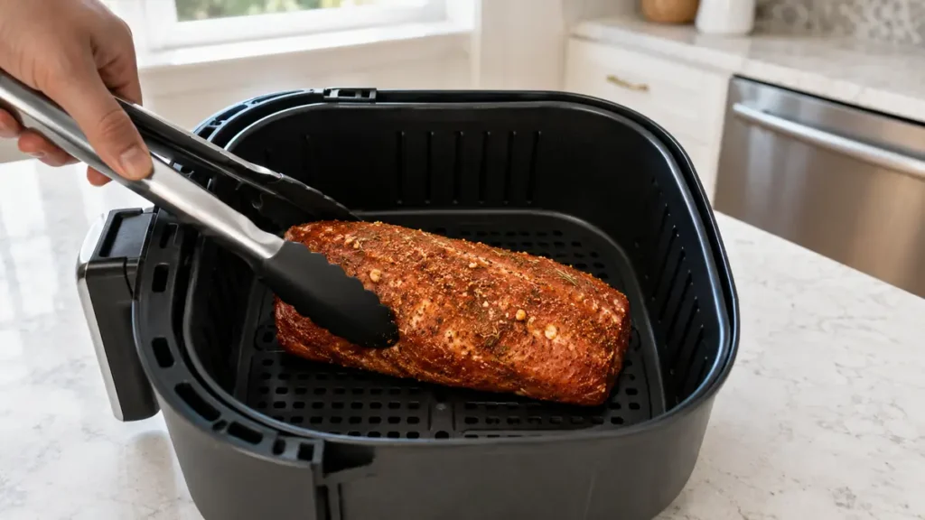 Hand holding tongs placing seasoned meat inside a black air fryer basket on a kitchen counter