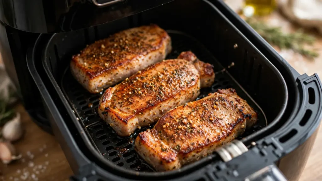 Three seasoned pork chops cooking inside a black air fryer basket
