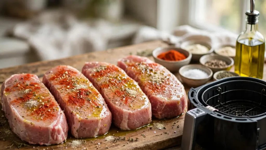 Four raw pork chops seasoned with spices on a wooden board next to an air fryer and spices