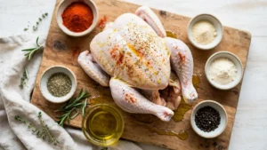 Air Fryer Rotisserie Chicken (Juicy with Crispy Skin) 5 Raw whole chicken with seasonings and olive oil on a wooden cutting board surrounded by herbs and spice bowls