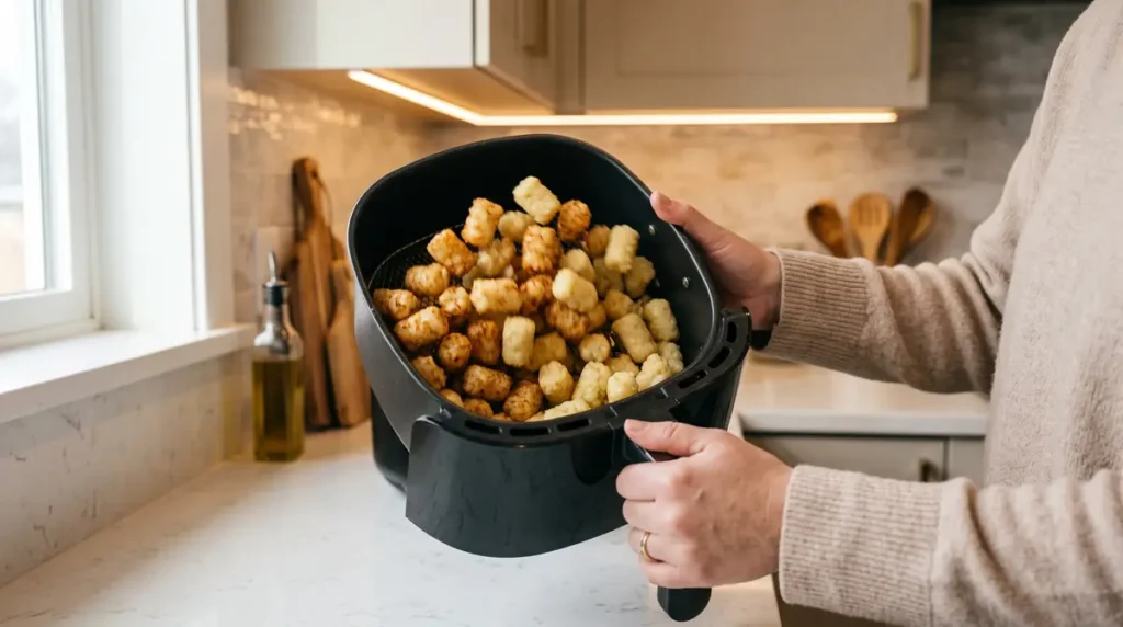 Hands holding and shaking black air fryer basket filled with cooked tater tots in kitchen