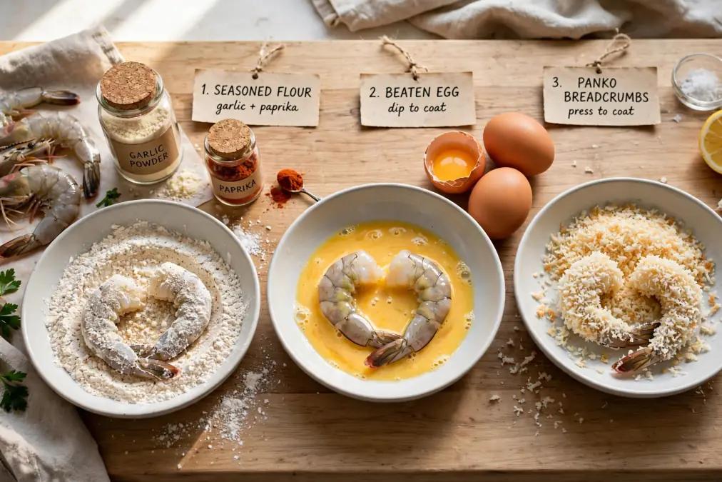 Raw shrimp being coated with seasoned flour, beaten egg, and panko breadcrumbs