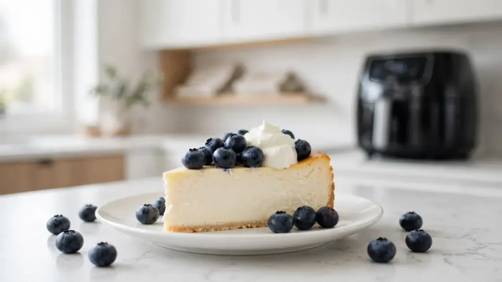 Slice of creamy cheesecake topped with blueberries and a dollop of cream on a white plate