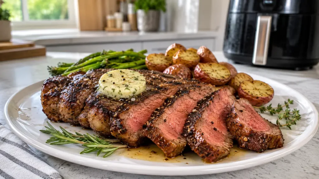 Sliced medium rare steak topped with herb butter served with roasted potatoes and asparagus on a white plate