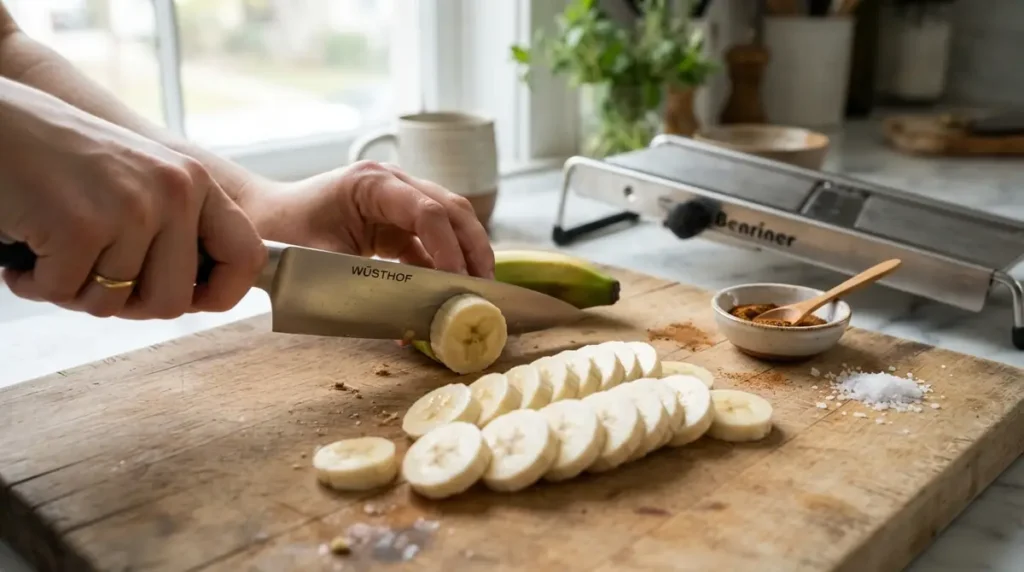 Hands slicing ripe banana into pieces on a wooden cutting board