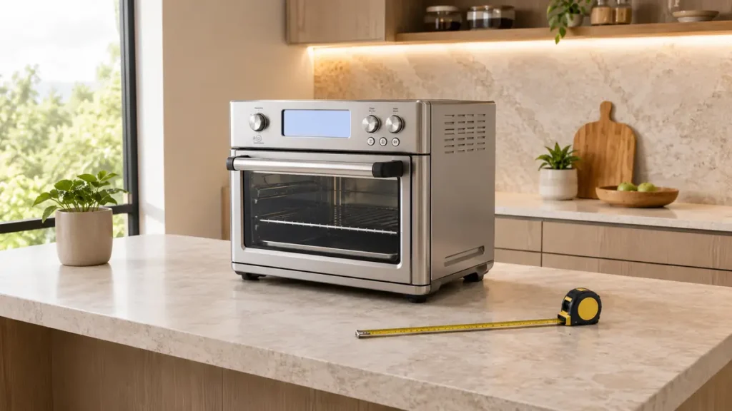 A stainless steel countertop oven on a marble kitchen island with a tape measure and potted plant