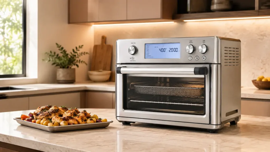 Countertop stainless steel oven with digital display and roasted chicken with potatoes on a tray