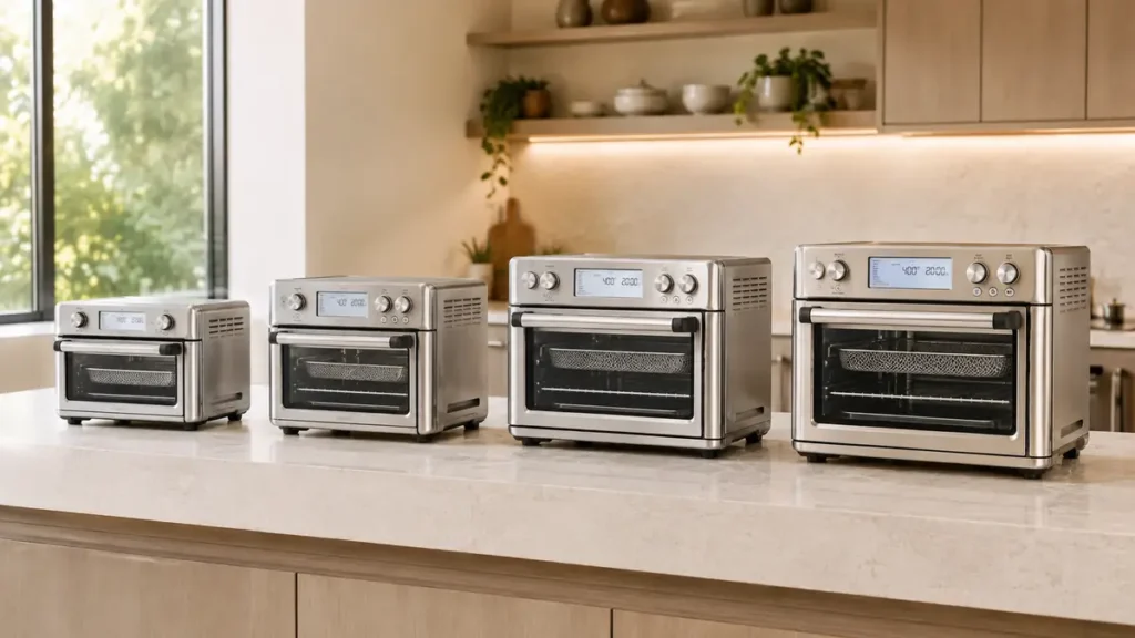 Four different sized stainless steel toaster ovens lined up on a kitchen counter