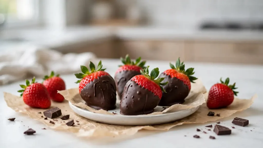 Strawberries partially dipped in dark chocolate on a plate with chocolate pieces around